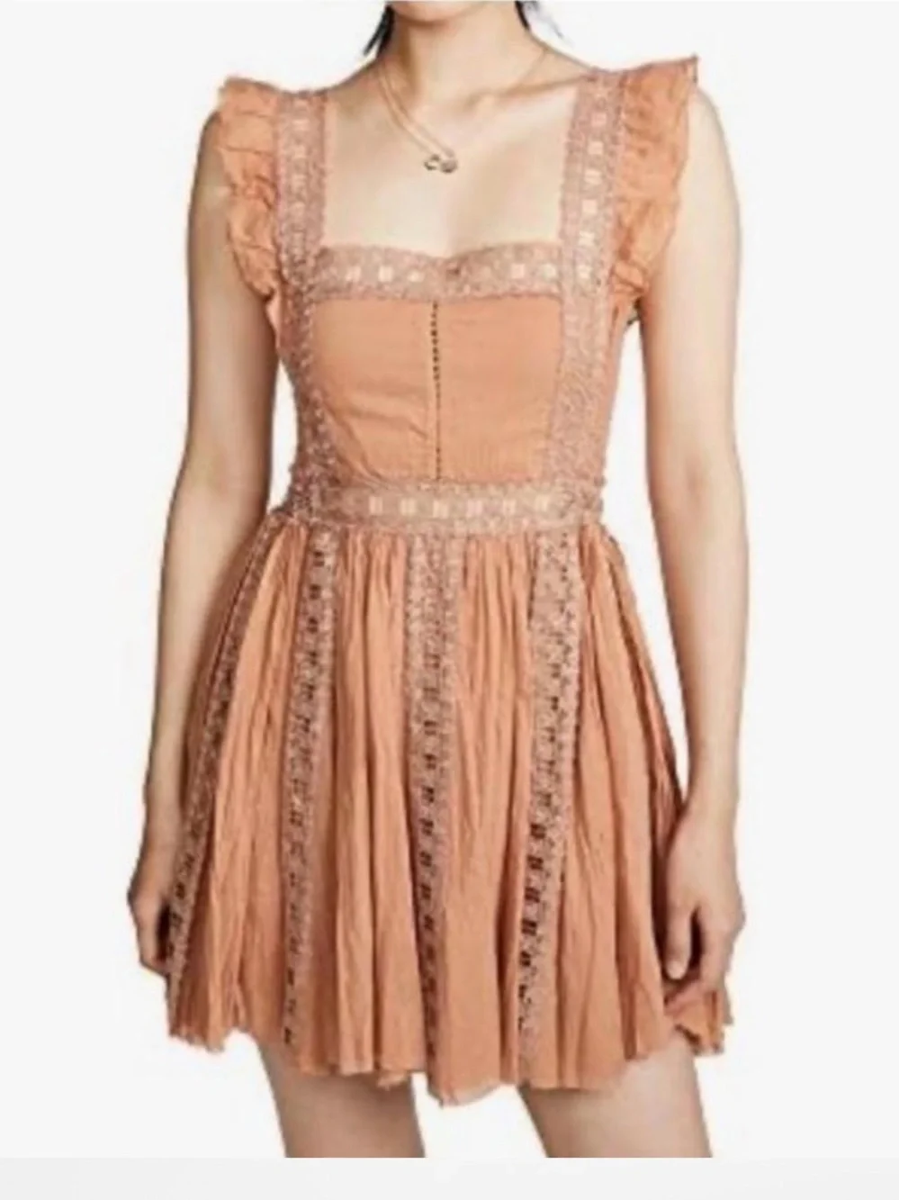 Free People Camel Lace Trim Square Neck Mini Dress